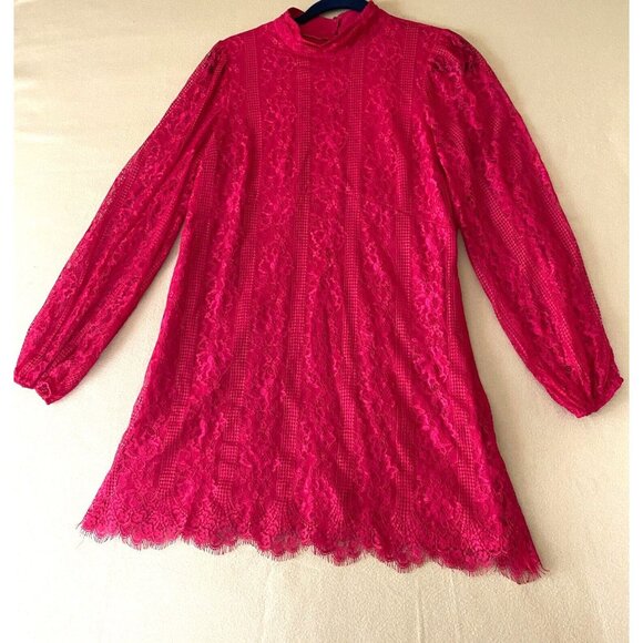 Anthropologie Maeve Open Back Lace Mini Dress 12 Red LS Pockets Mock Neck NWT - Picture 2 of 16